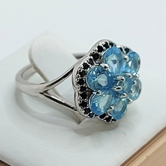 Natural Blue Apatite 5x4mm & Black Spinel 925 Sterling Silver Ring Size 7 - Picture 7 of 11